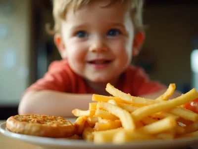 Toddler Boy Looking At Plate Of Fries And Burger
