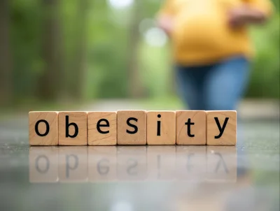 Wooden Blocks Spelling Obesity With Blurred Person In Background