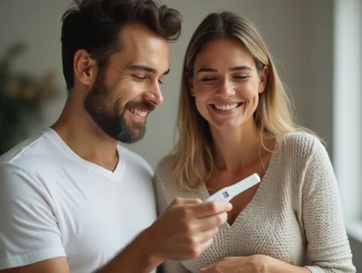 Happy Couple Celebrating Positive Pregnancy Test Result