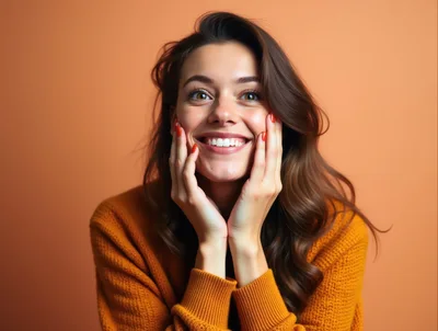 Young Woman Expressing Joy With Hands On Cheeks