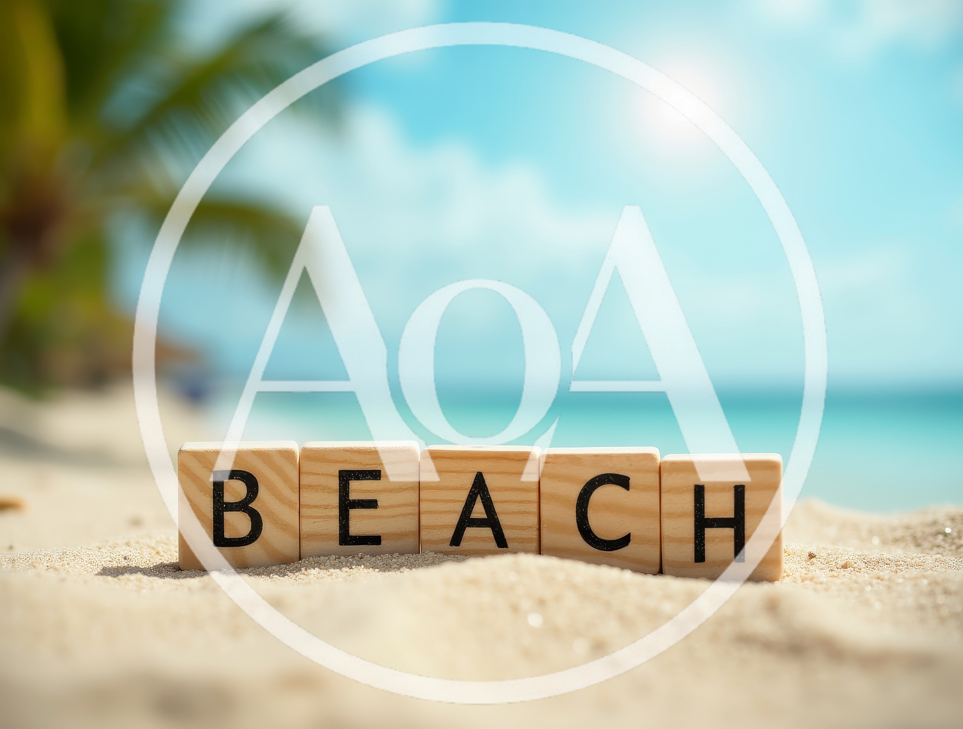 Wooden Blocks Spelling Beach on Tropical Sand