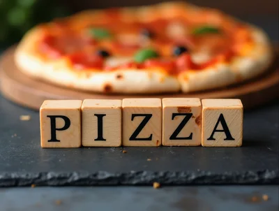 Wooden Blocks Spelling Pizza With A Blurred Pizza Background