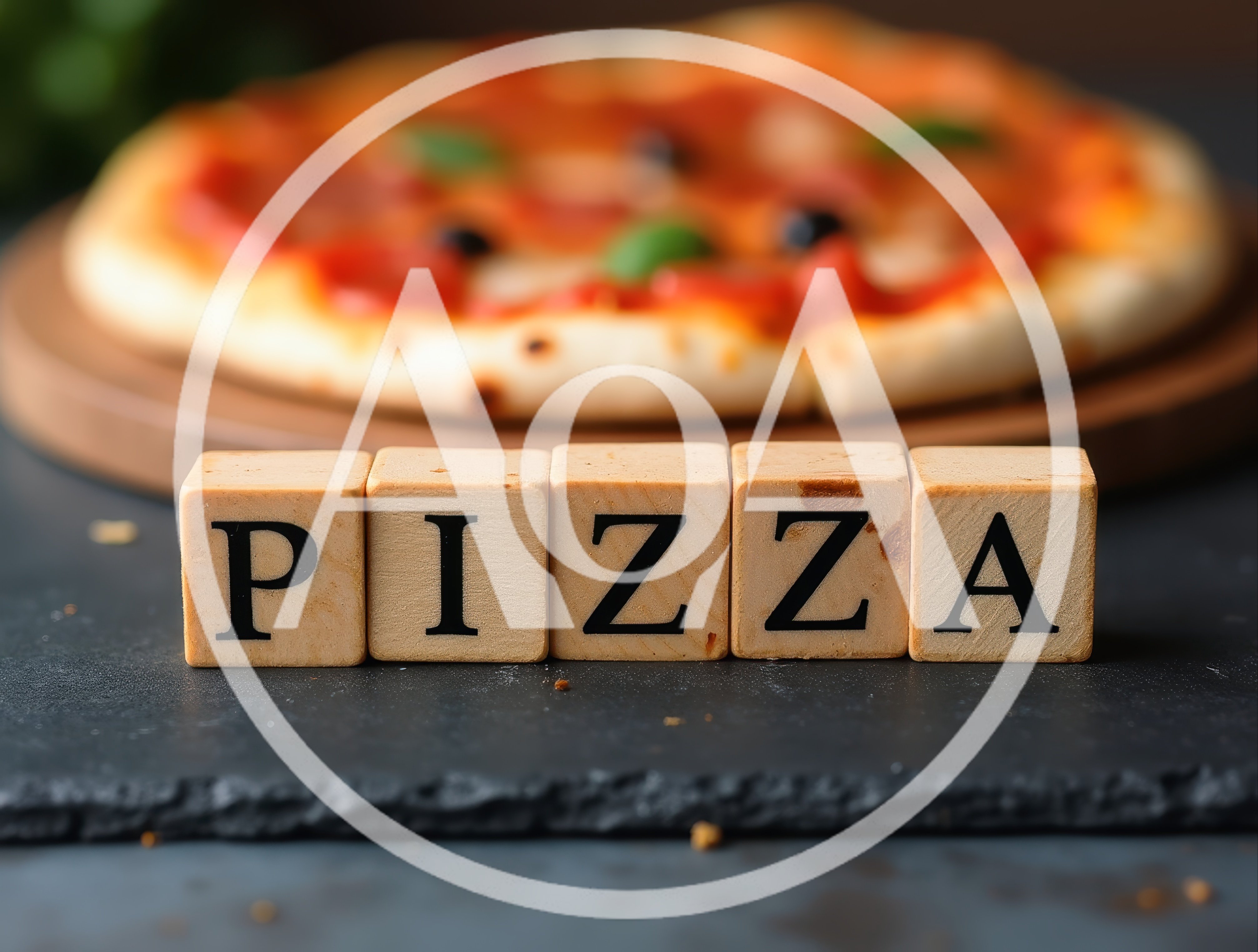 Wooden Blocks Spelling Pizza With A Blurred Pizza Background