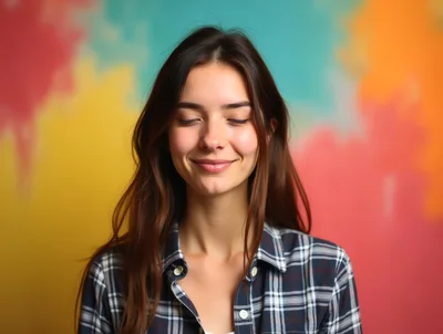 Young Woman With Closed Eyes Smiling Against Colorful Background