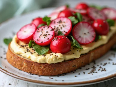 Radish and Hummus Toast on Rustic Plate
