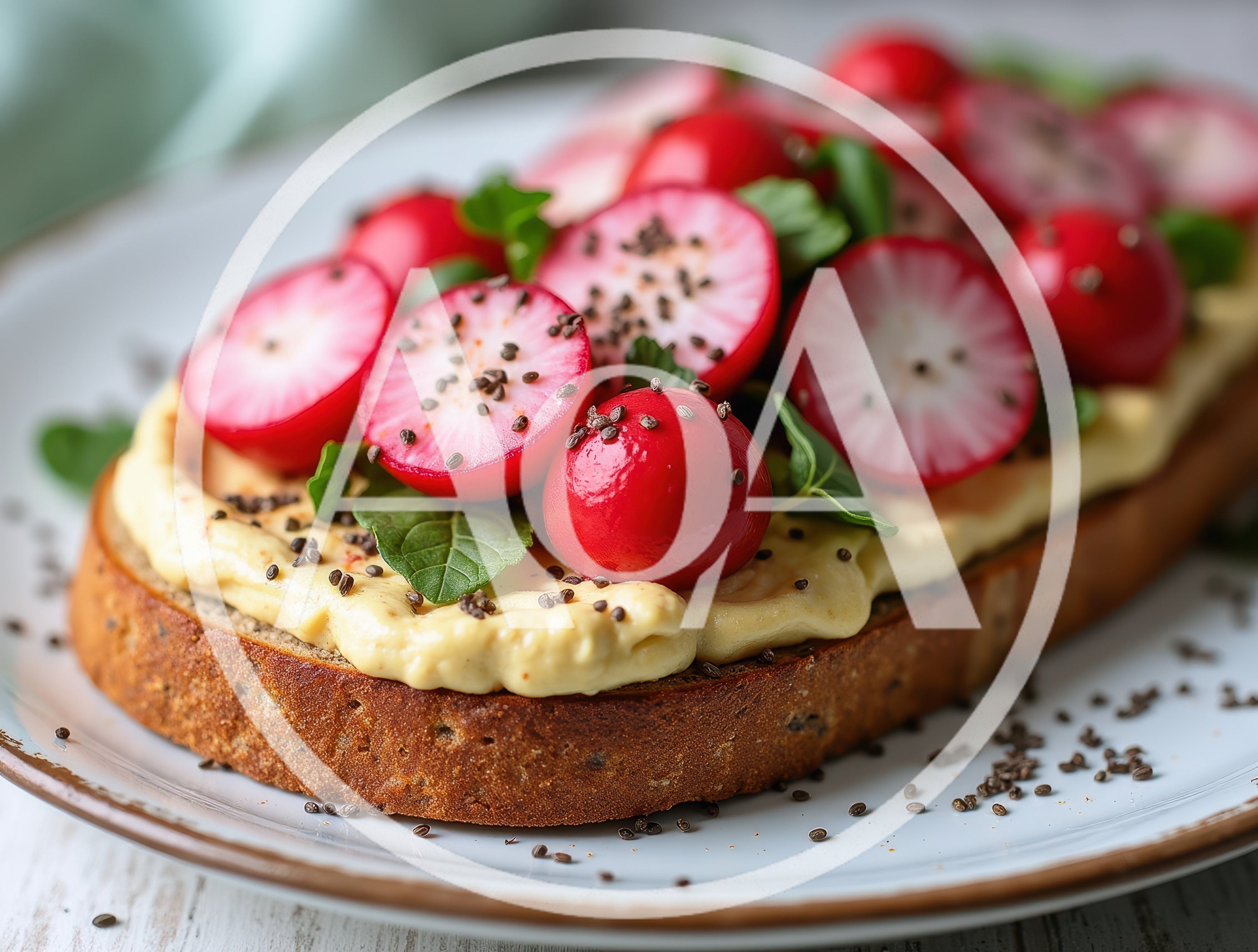 Radish and Hummus Toast on Rustic Plate