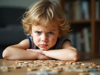 Frustrated Young Child Playing With Jigsaw Puzzle