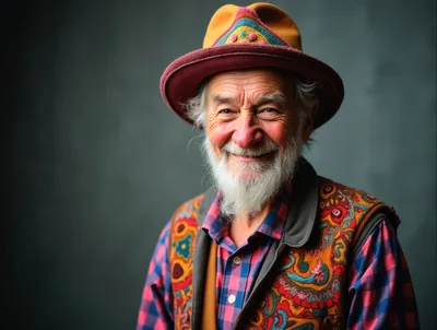 Portrait Of A Cheerful Elderly Man In Colorful Attire
