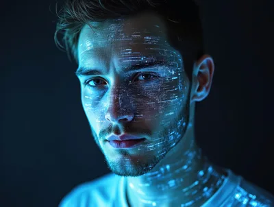 Young Man With Digital Data Projection On Face