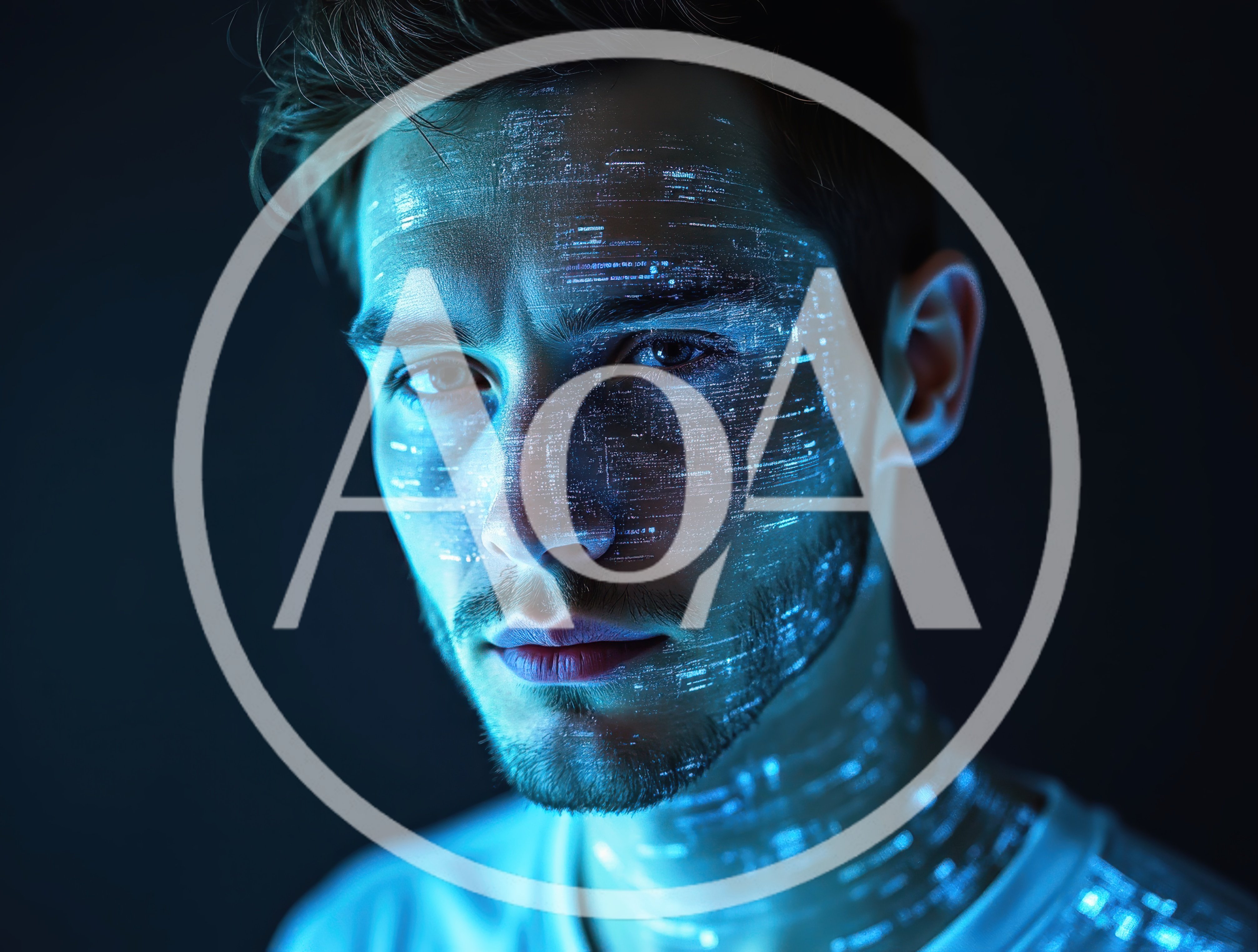 Young Man With Digital Data Projection On Face