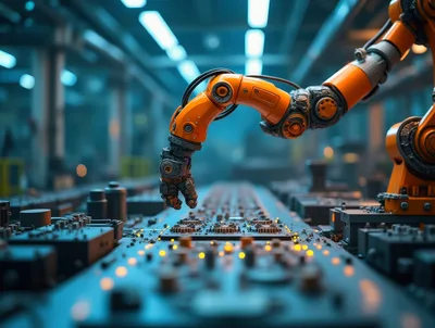 Industrial Robotic Arm Assembling Electronic Circuit Boards
