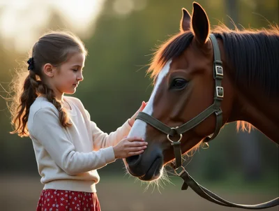 Young Girl Gently Petting A Horse At Sunset