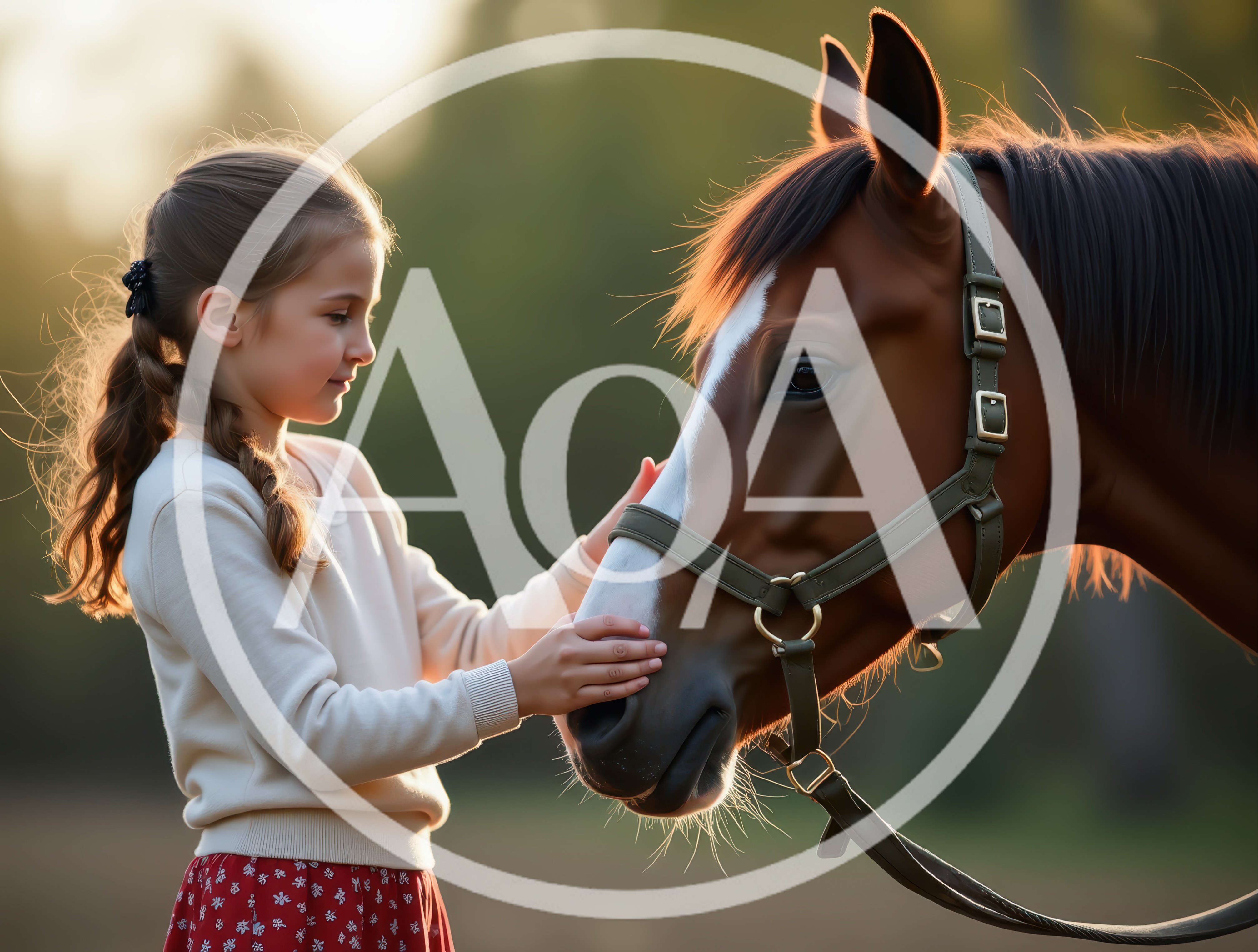 Young Girl Gently Petting A Horse At Sunset