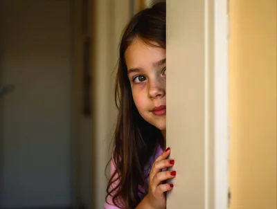 Curious little girl peeking around doorway inside home