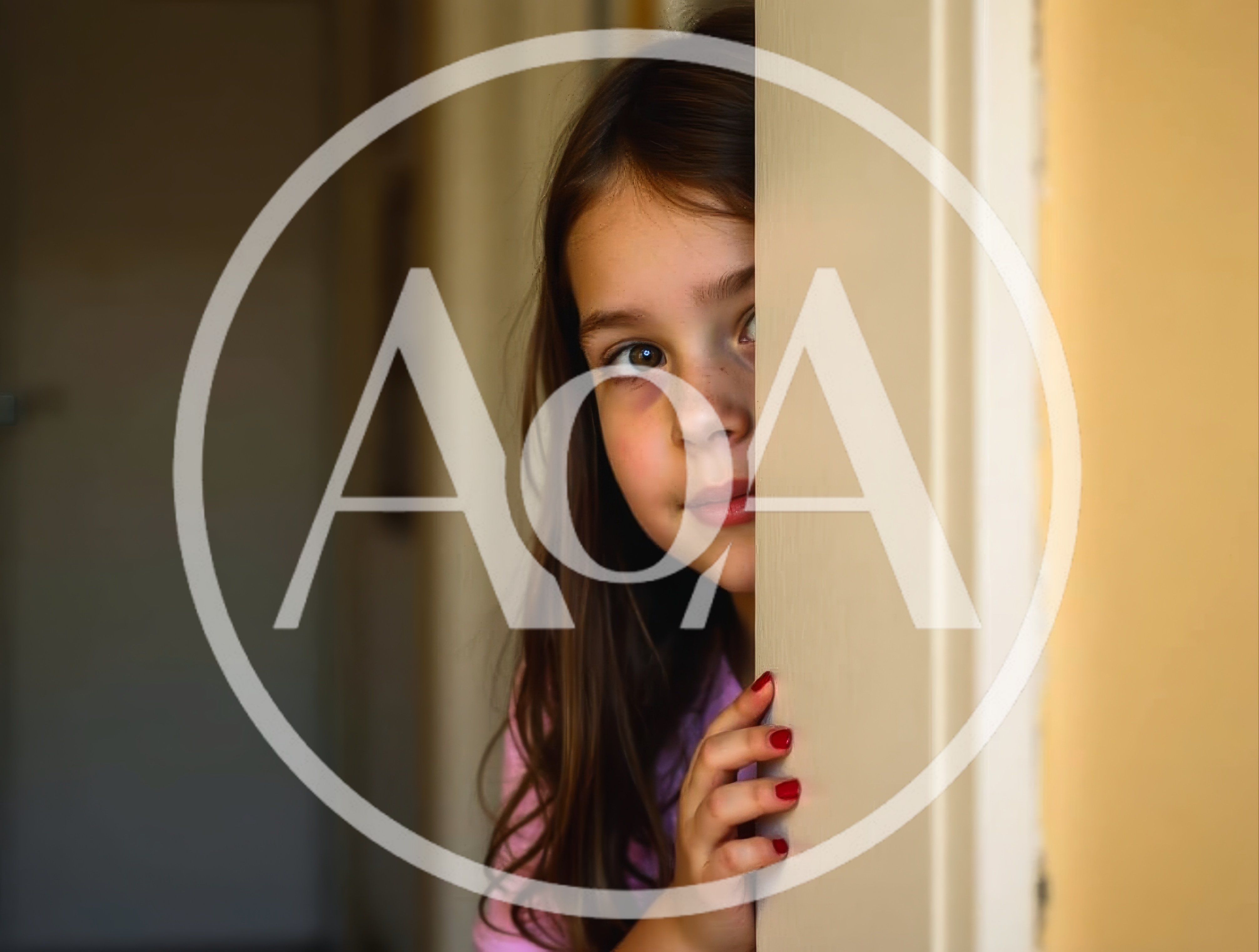 Curious little girl peeking around doorway inside home