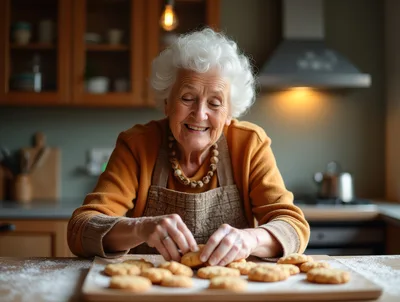 Elderly Woman Baking Cookies in a Cozy Kitchen