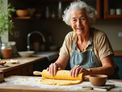 Elderly Woman Rolling Dough In A Rustic Kitchen