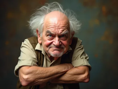 Grumpy Elderly Man With Messy Hair And Crossed Arms