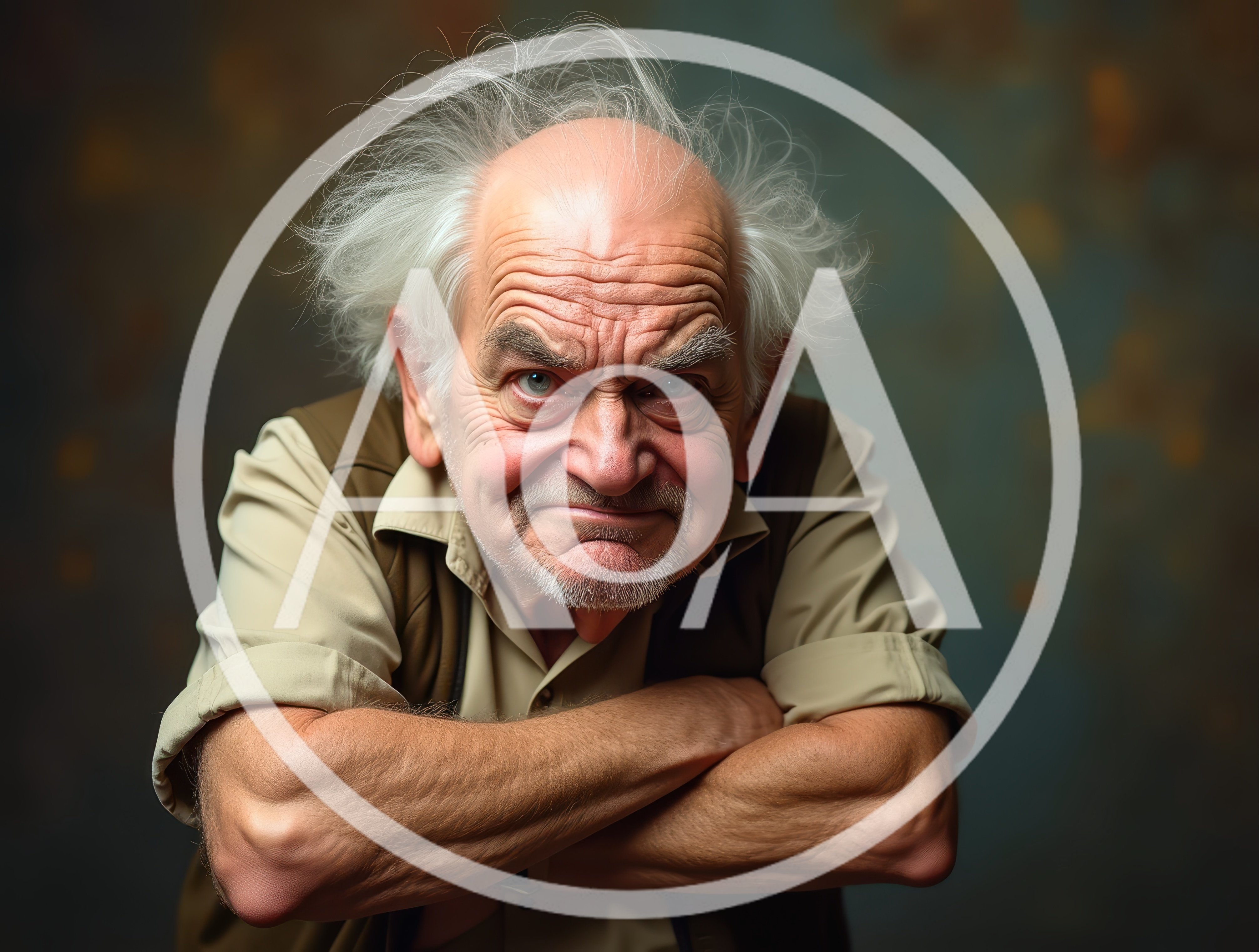 Grumpy Elderly Man With Messy Hair And Crossed Arms