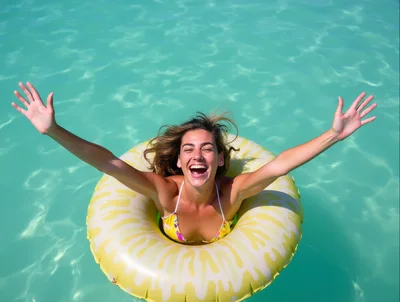 Happy Woman Floating On Inflatable Ring In Turquoise Water