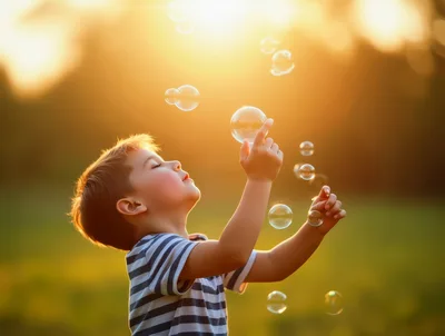 Young Boy Playing With Bubbles At Sunset