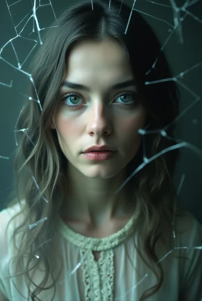 Portrait Of A Young Woman Behind Shattered Glass