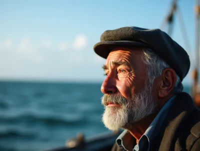 Elderly Fisherman Looking Out To Sea