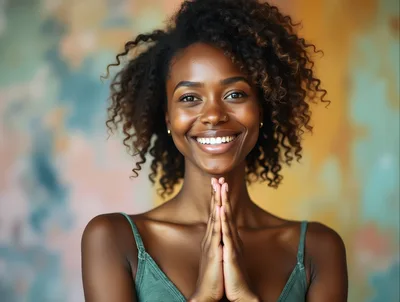 Smiling Woman With Curly Hair In Prayer Pose