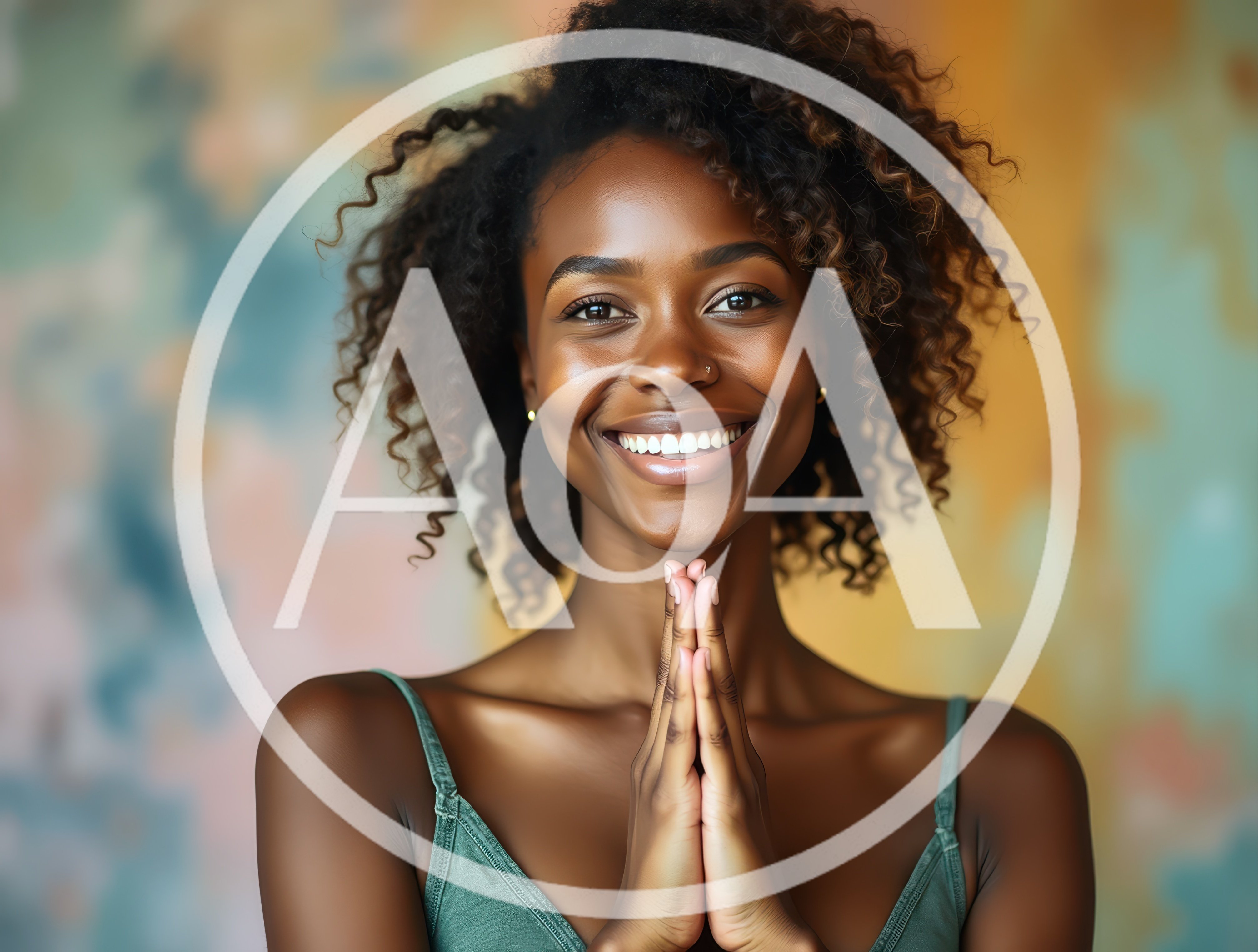 Smiling Woman With Curly Hair In Prayer Pose