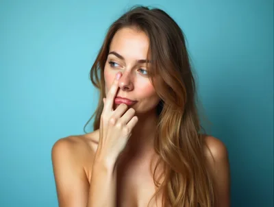Young Woman Touching Her Nose Against Blue Background