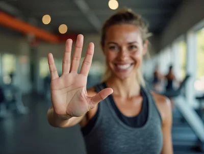 Fit Woman Showing Open Palm Gesture In Gym