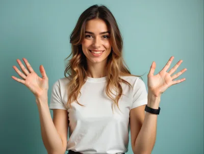 Young Woman Smiling With Hands Raised In Greeting