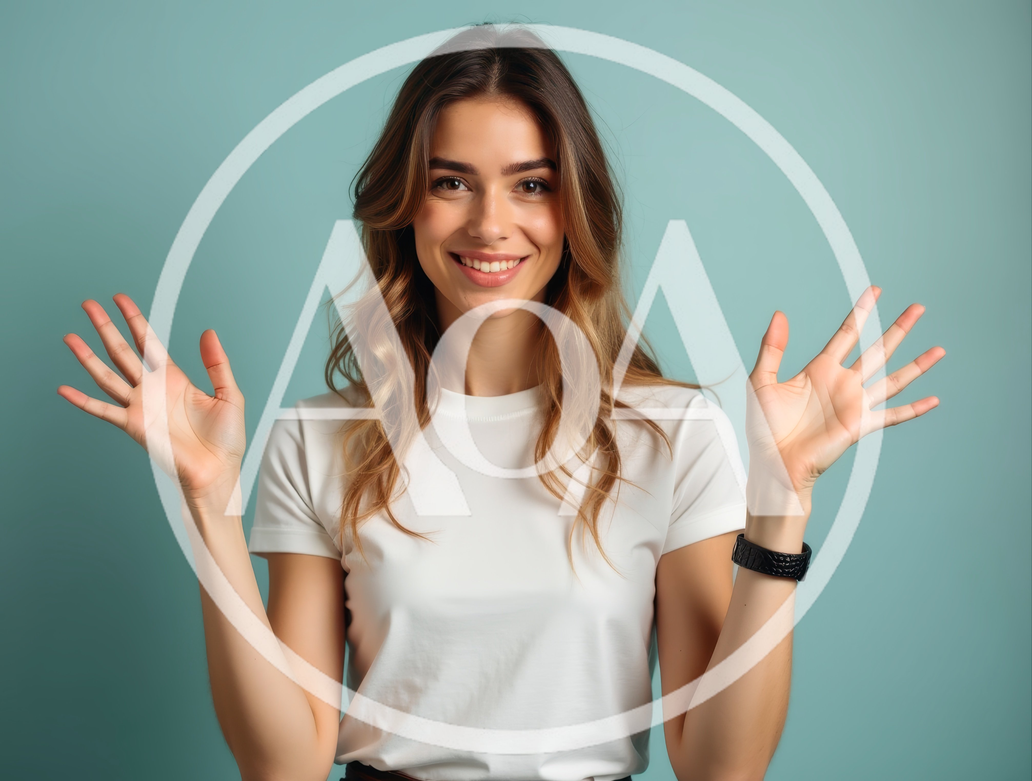 Young Woman Smiling With Hands Raised In Greeting