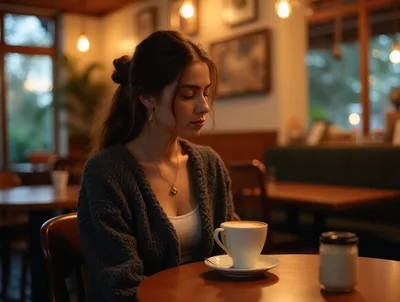 Young Woman Sitting Alone With Coffee In A Cafe