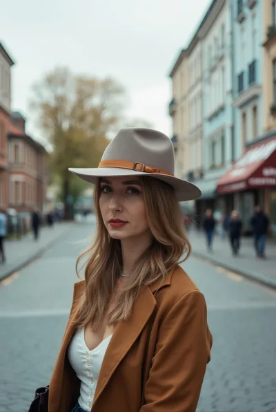 Stylish Young Woman Wearing A Fedora Hat On City Street