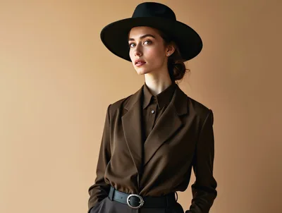 Fashionable Woman Wearing A Brown Suit And Fedora Hat