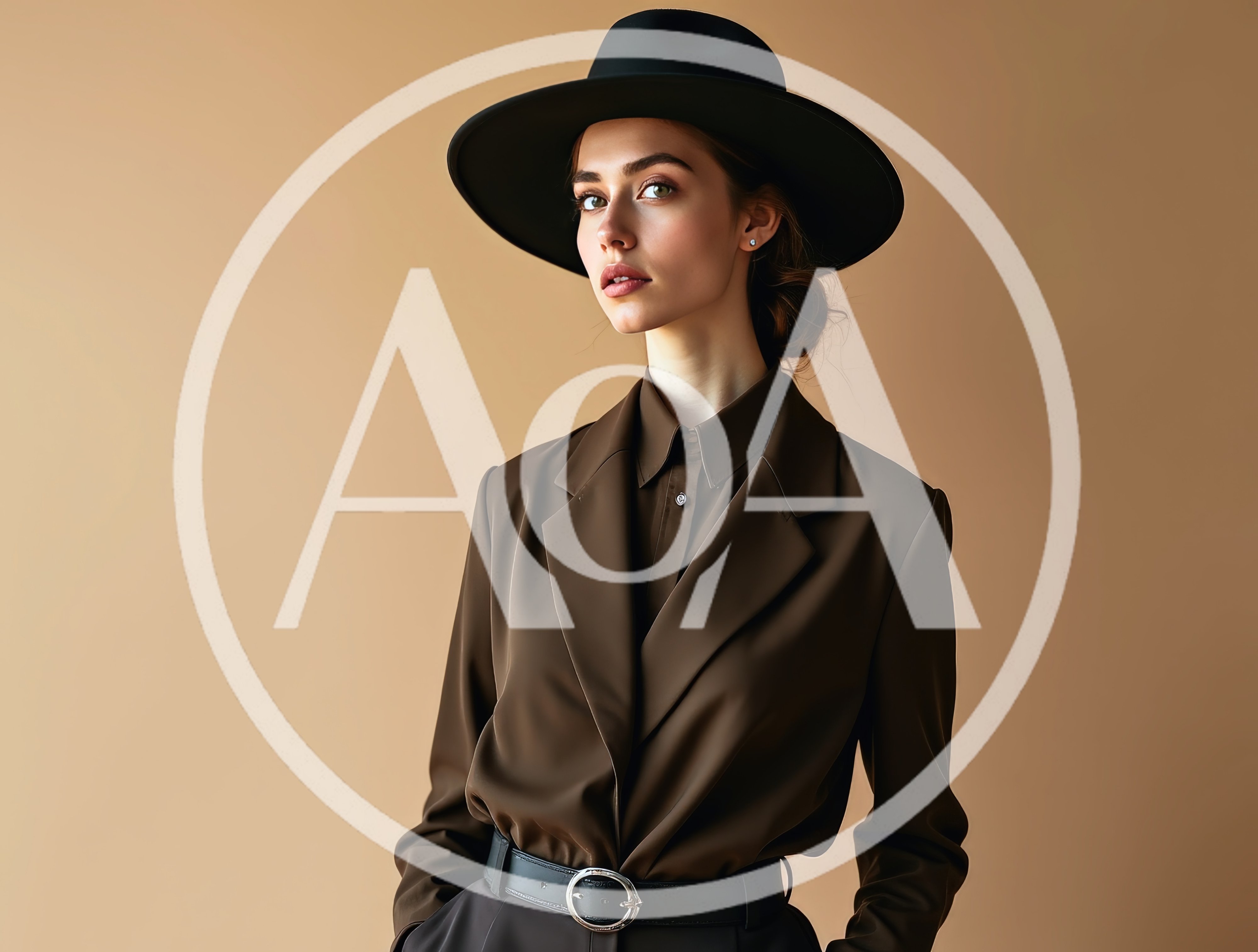 Fashionable Woman Wearing A Brown Suit And Fedora Hat
