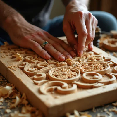 Artisan Hands Carving Intricate Wooden Relief Pattern