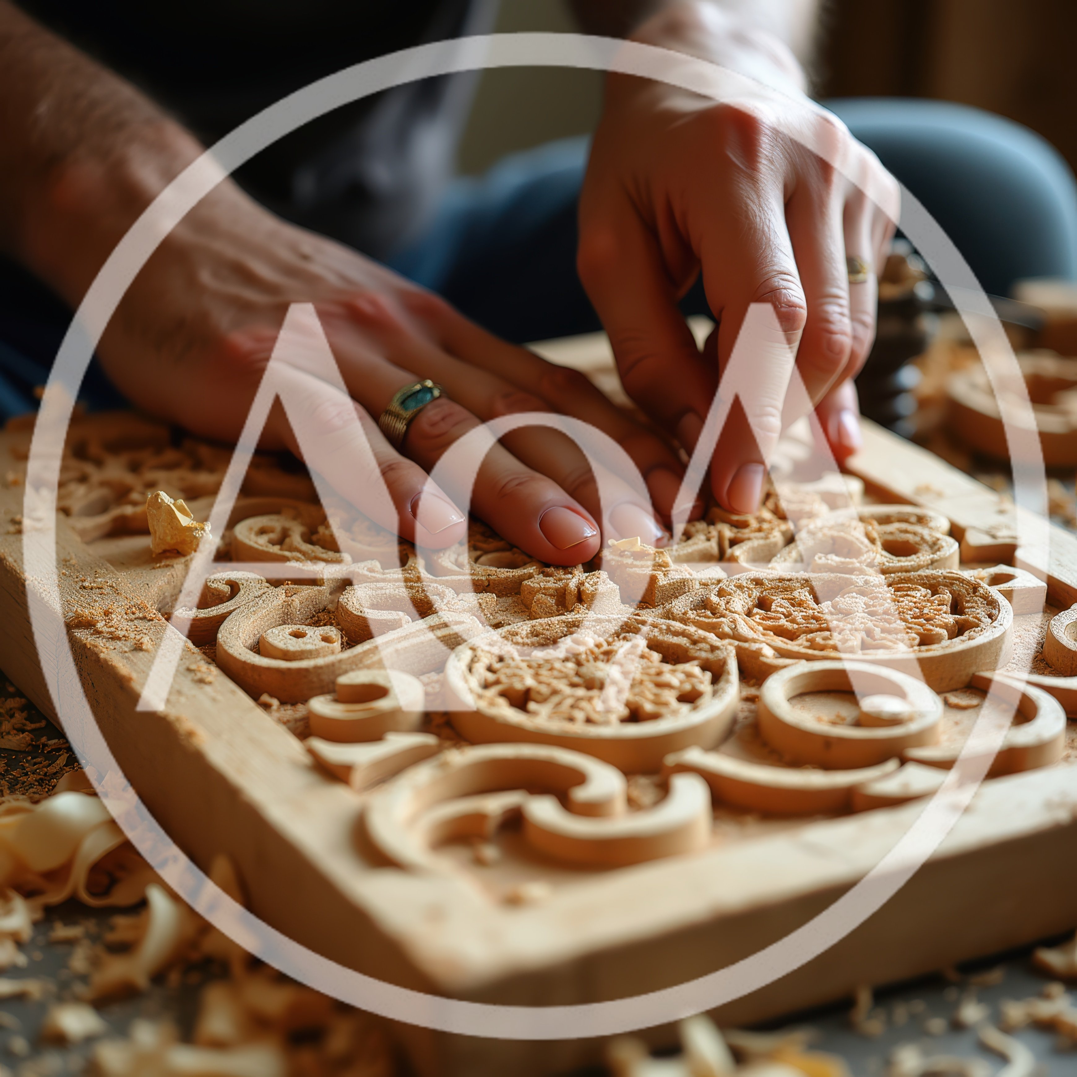 Artisan Hands Carving Intricate Wooden Relief Pattern