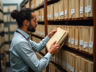 Archivist Examining Historical Documents In A Library Archive