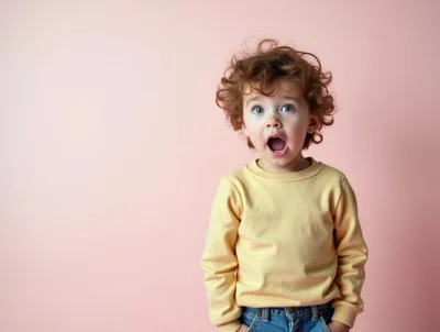 Surprised Toddler With Curly Hair Against Pink Background