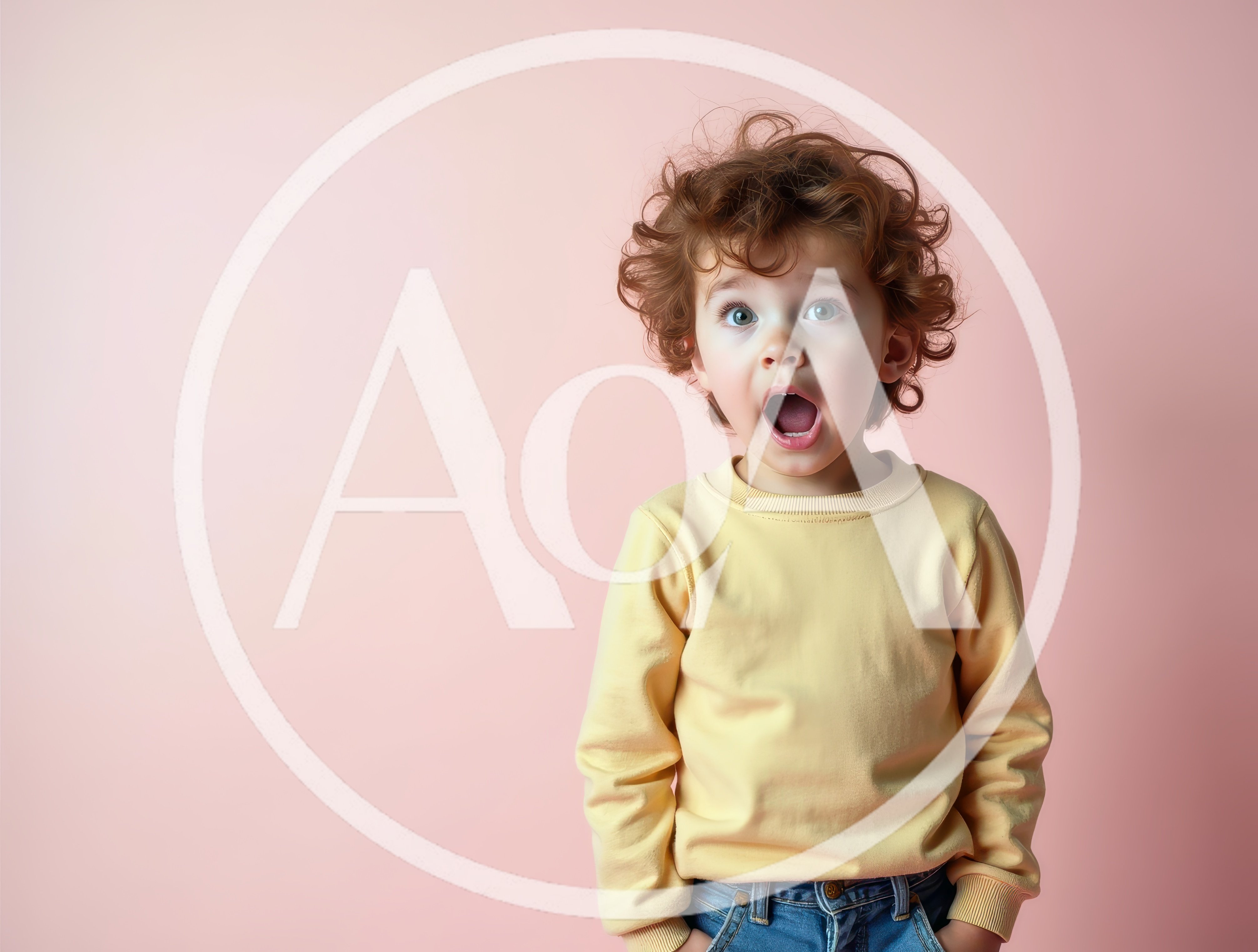 Surprised Toddler With Curly Hair Against Pink Background