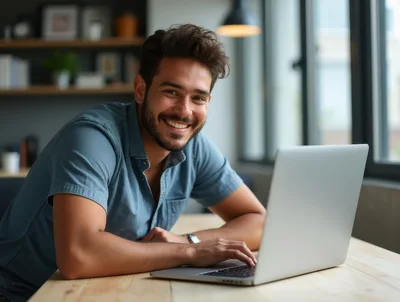 Smiling Young Man Working On Laptop In Modern Office