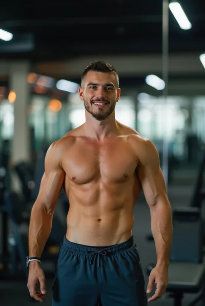 Shirtless Muscular Man Smiling in a Modern Gym
