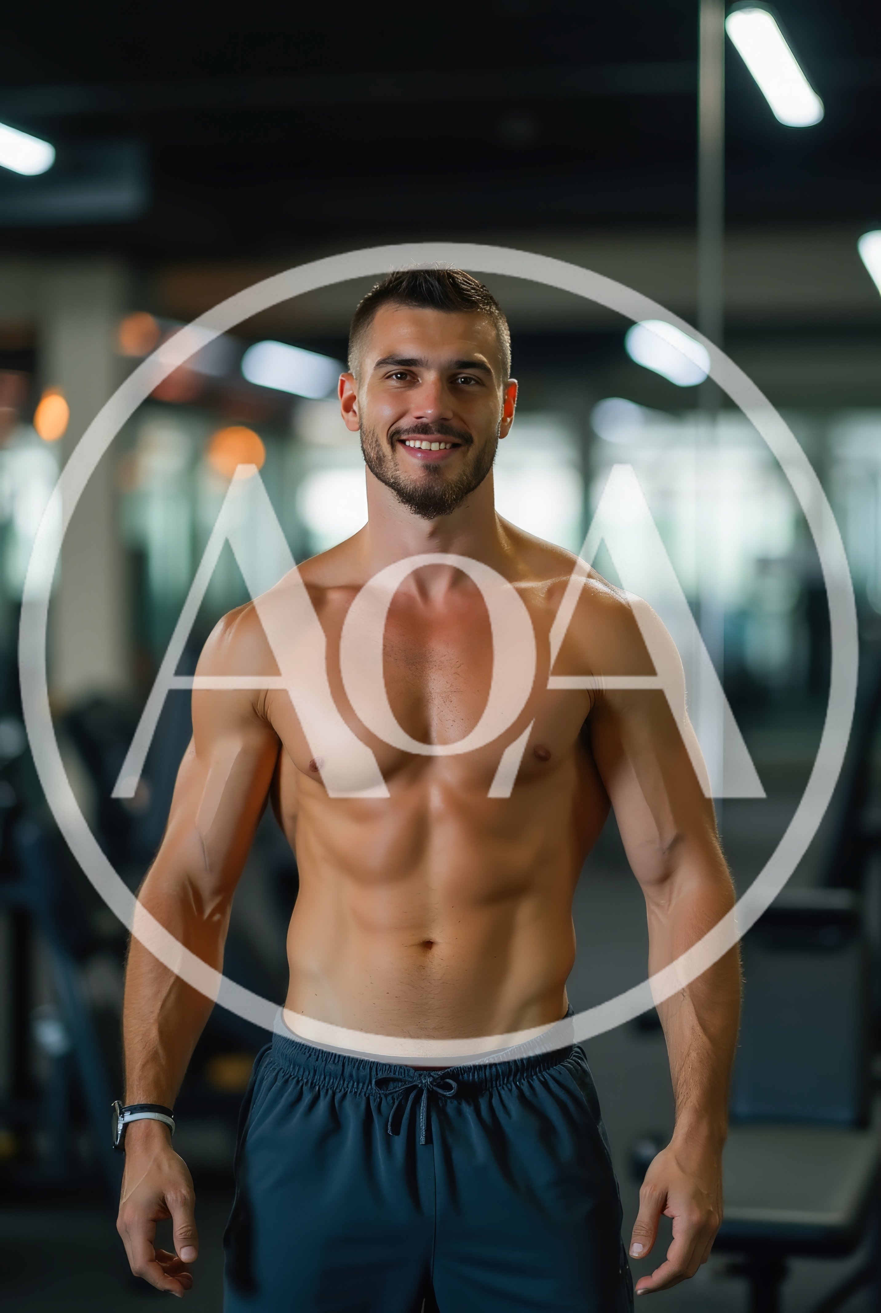 Shirtless Muscular Man Smiling in a Modern Gym