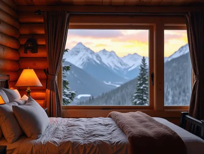 Cozy Log Cabin Bedroom With Mountain View