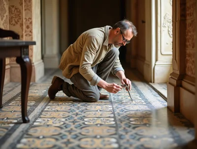 Restoration Expert Examining Antique Tiled Floor