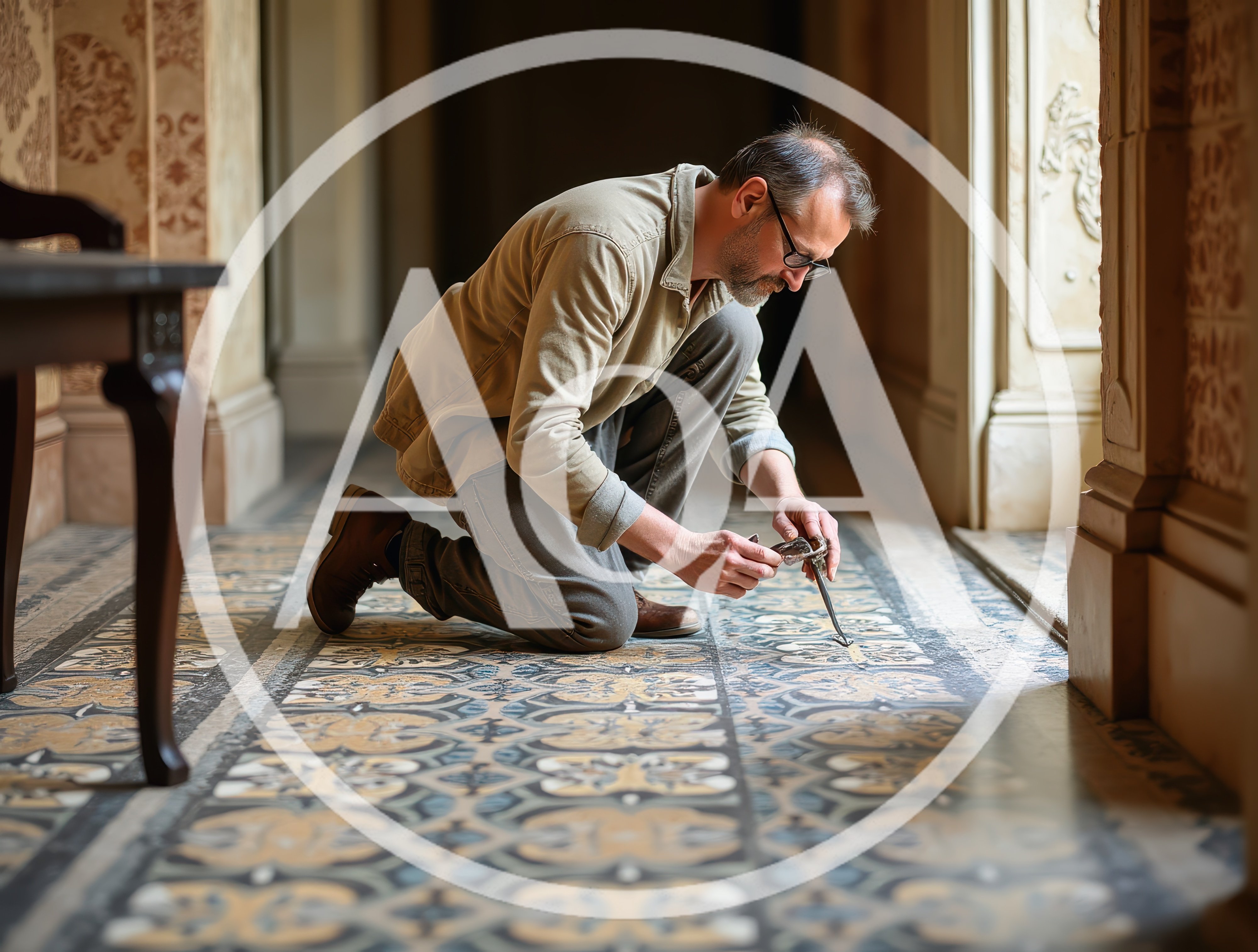 Restoration Expert Examining Antique Tiled Floor