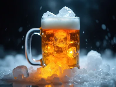 Cold Beer Mug Surrounded By Ice Cubes