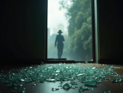 Silhouette Of A Person Standing Outside Broken Glass